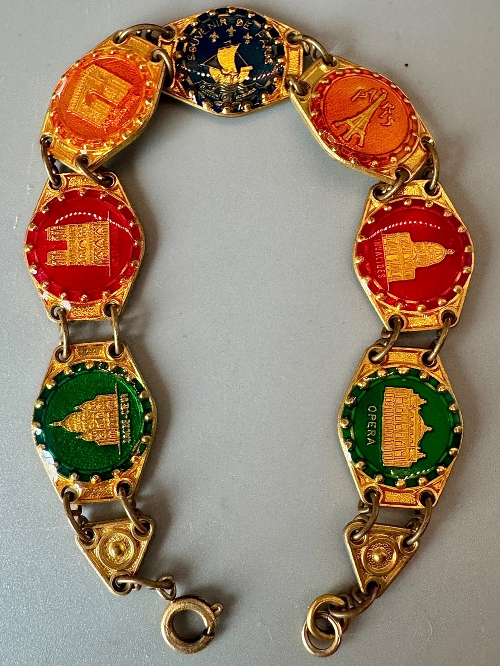 EUC Vintage Paris Souvenir Charm Bracelet, enamel and gold-tone brass